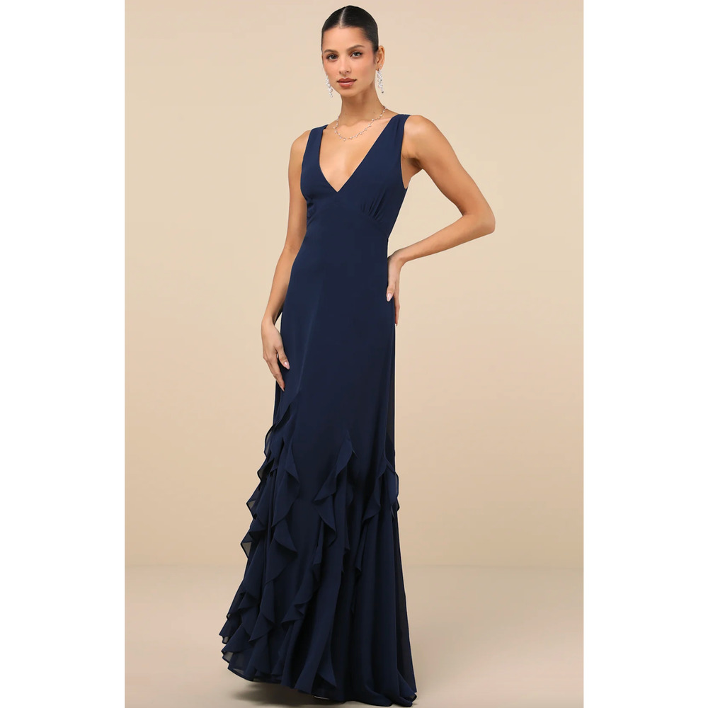 Lulus Alorna Dark Navy Sleeveless Ruffled Maxi Dress Formal Chiffon XS NWT